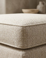 Close-up of a natural woven window seat cushion with self piping, made to measure by Foamera
