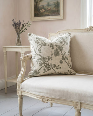 Custom Square Throw Pillow, Botanical Blossom Branch Cushion, Cherry Blossom Jacquard Scatter Cushion Cover, Piped Linen