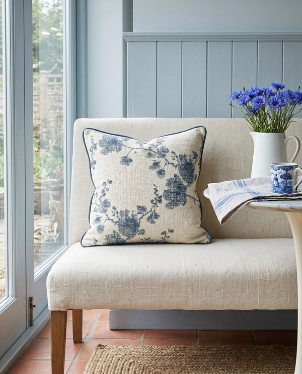 Custom Square Throw Pillow, Botanical Blossom Branch Cushion, Cherry Blossom Jacquard Scatter Cushion Cover, Piped Linen