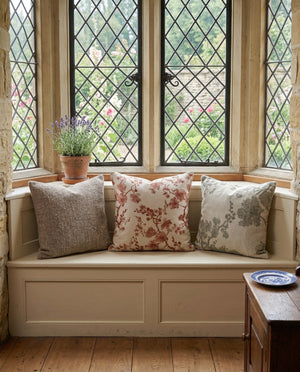 Custom Square Throw Pillow, Botanical Blossom Branch Cushion, Cherry Blossom Jacquard Scatter Cushion Cover, Piped Linen