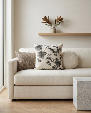 Custom Square Throw Pillow, Botanical Blossom Branch Cushion, Cherry Blossom Jacquard Scatter Cushion Cover, Piped Linen
