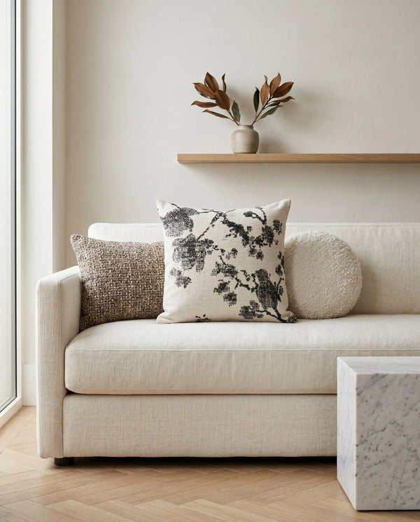 Custom Square Throw Pillow, Botanical Blossom Branch Cushion, Cherry Blossom Jacquard Scatter Cushion Cover, Piped Linen
