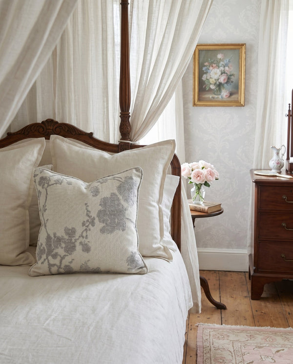 Custom Square Throw Pillow, Botanical Blossom Branch Cushion, Cherry Blossom Jacquard Scatter Cushion Cover, Piped Linen