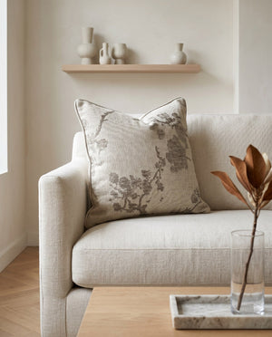 Custom Square Throw Pillow, Botanical Blossom Branch Cushion, Cherry Blossom Jacquard Scatter Cushion Cover, Piped Linen