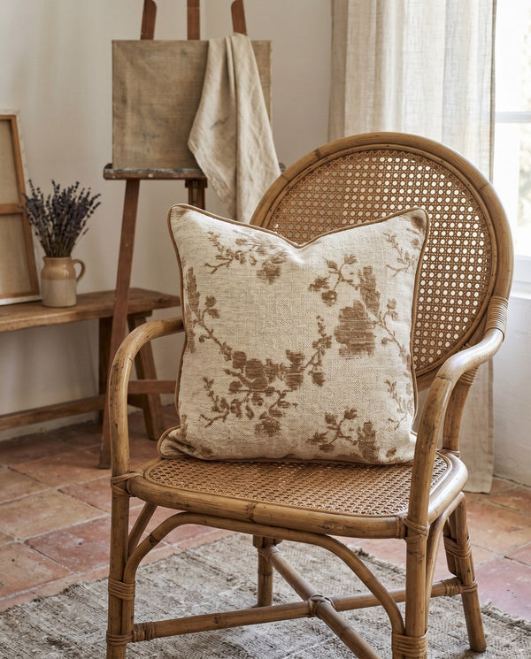 Custom Square Throw Pillow, Botanical Blossom Branch Cushion, Cherry Blossom Jacquard Scatter Cushion Cover, Piped Linen
