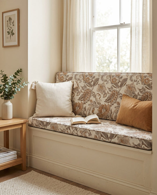 Custom Window Seat Cushion with Foam, Made-to-Measure Paisley Bench Cushion, Bay Window Bench Seat Pad, Banquette Booth 
