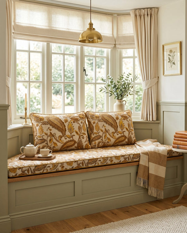 Custom Window Seat Cushion with Foam, Made-to-Measure Paisley Bench Cushion, Bay Window Bench Seat Pad, Banquette Booth 