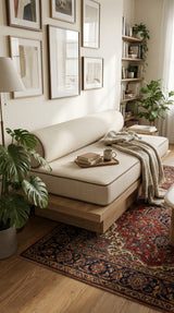 Cream daybed cushion and bolster under a gallery wall