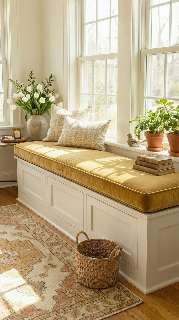 Custom Velvet Window Seat Cushion, Made-to-Measure Bench Cushion, Boxed Banquette Booth Seat Pad, Reading Nook Bay Windo