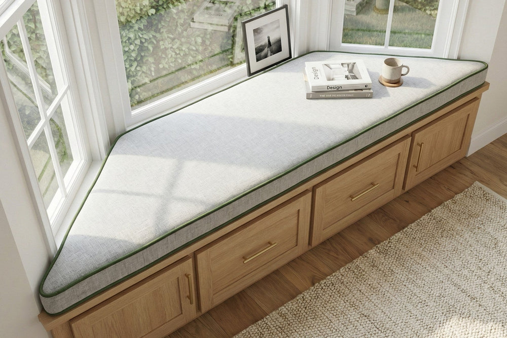 Trapezoid window seat cushion in a bay window
