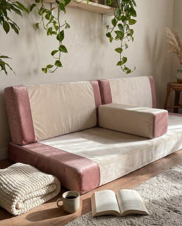 Custom Velvet Floor Sofa, Made-to-Measure Modular Floor Cushion Set, Color-Block Floor Seating Couch, Reading Nook Loung