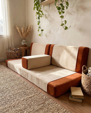 Custom Velvet Floor Sofa, Made-to-Measure Modular Floor Cushion Set, Color-Block Floor Seating Couch, Reading Nook Loung