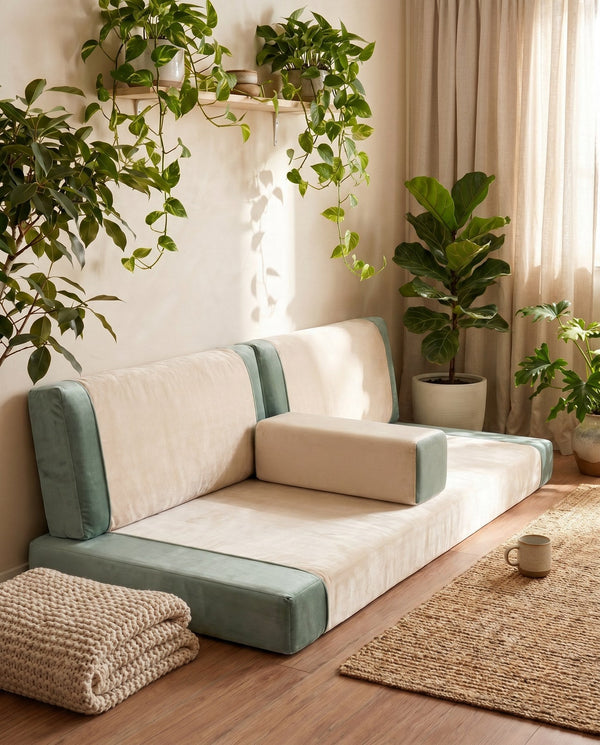 Custom Velvet Floor Sofa, Made-to-Measure Modular Floor Cushion Set, Color-Block Floor Seating Couch, Reading Nook Loung