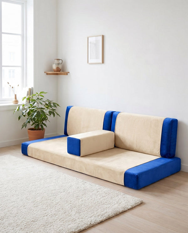 Custom Velvet Floor Sofa, Made-to-Measure Modular Floor Cushion Set, Color-Block Floor Seating Couch, Reading Nook Loung