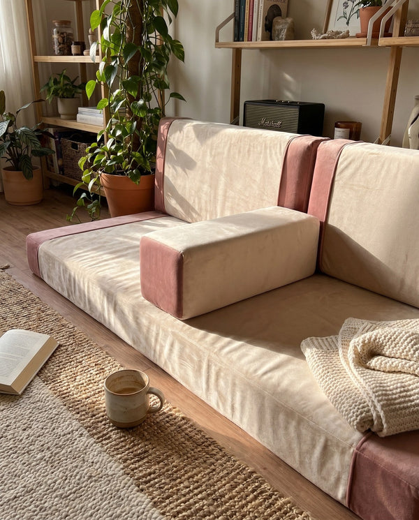 Custom Velvet Floor Sofa, Made-to-Measure Modular Floor Cushion Set, Color-Block Floor Seating Couch, Reading Nook Loung