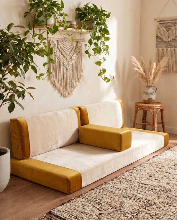 Custom Velvet Floor Sofa, Made-to-Measure Modular Floor Cushion Set, Color-Block Floor Seating Couch, Reading Nook Loung