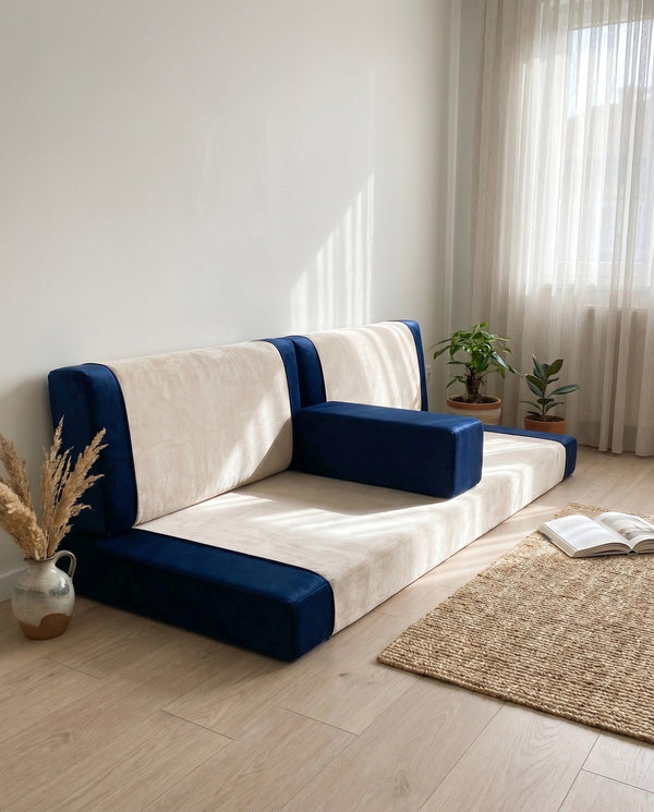 Custom Velvet Floor Sofa, Made-to-Measure Modular Floor Cushion Set, Color-Block Floor Seating Couch, Reading Nook Loung