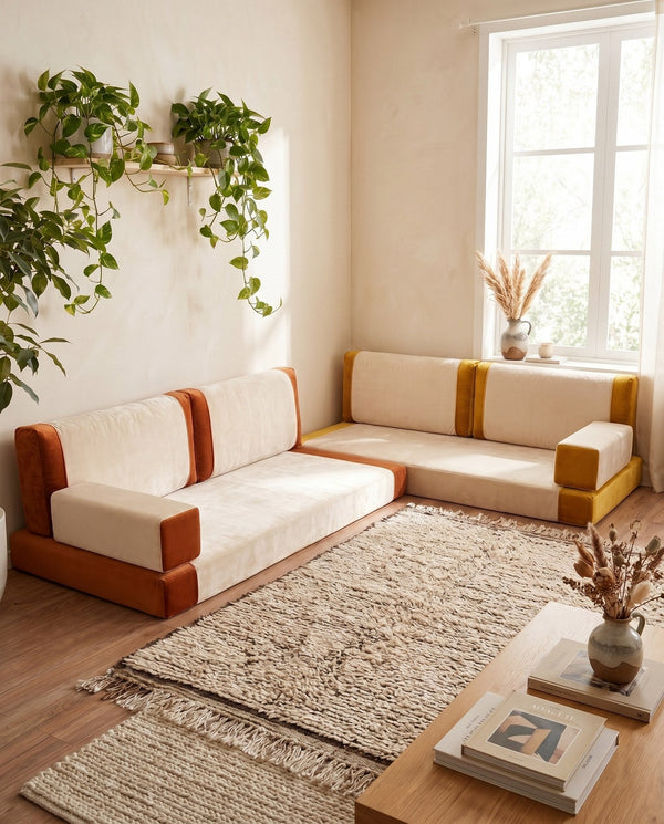 Custom Velvet Floor Sofa, Made-to-Measure Modular Floor Cushion Set, Color-Block Floor Seating Couch, Reading Nook Loung