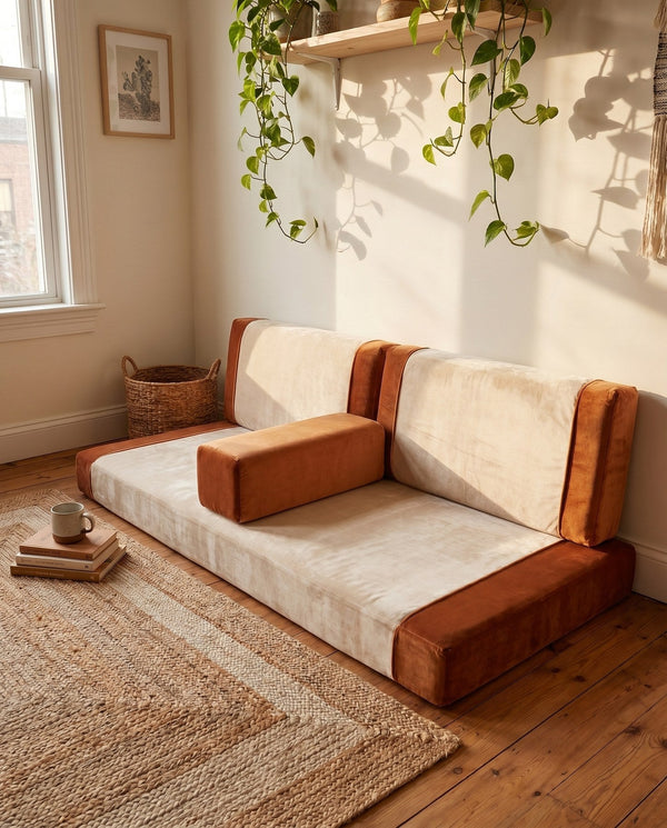 Custom Velvet Floor Sofa, Made-to-Measure Modular Floor Cushion Set, Color-Block Floor Seating Couch, Reading Nook Loung